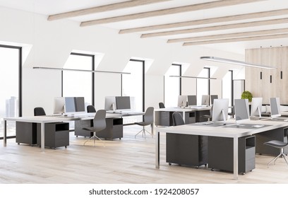 Spacious Modern Coworking Office With Eco Style Furniture Wooden Floor And Comfortable Workplaces 3D Rendering